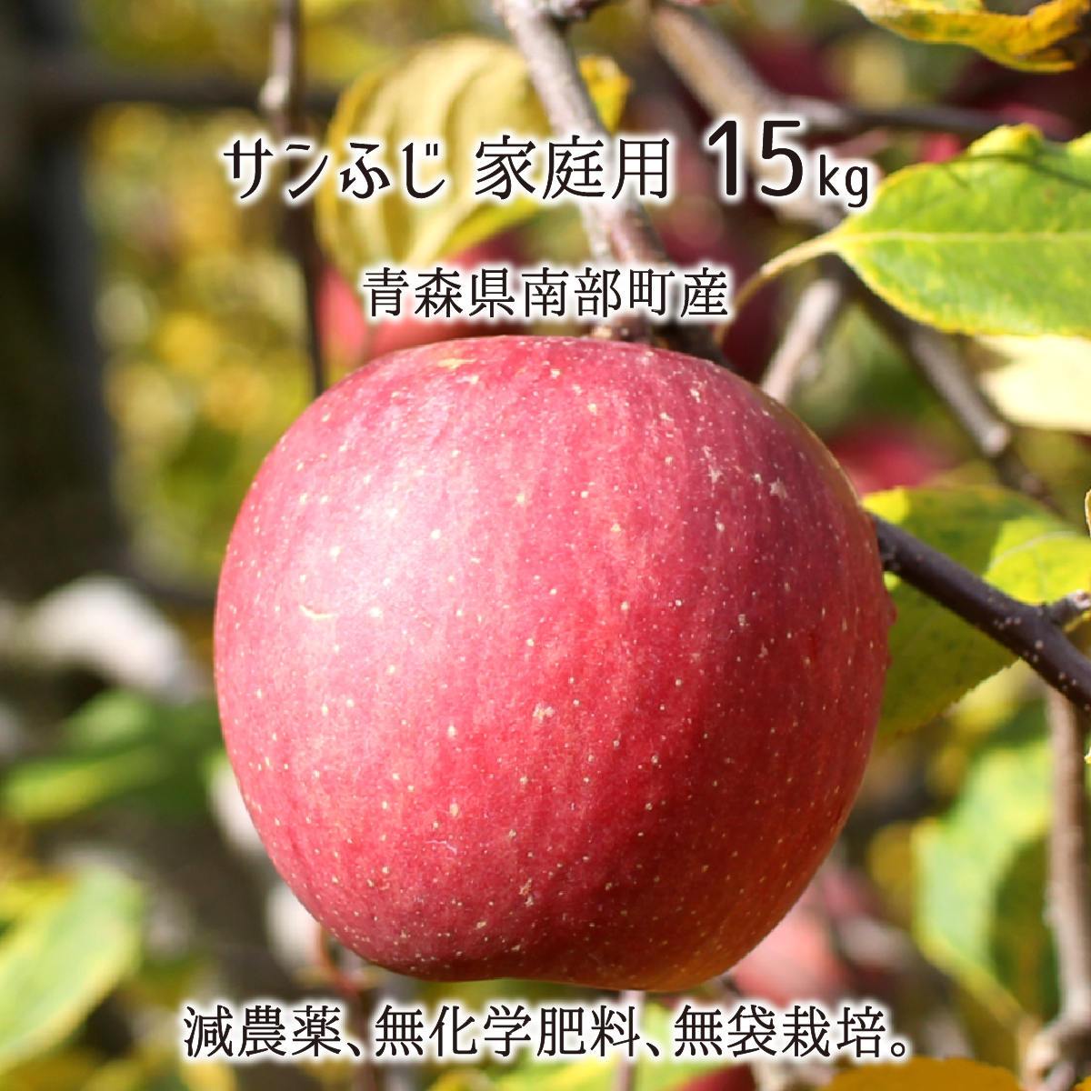 サンふじ 訳あり 15kg 減農薬 無化学肥料 青森県南部町産 りんご 家庭